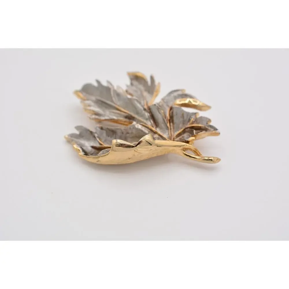 Vintage Leaf Pin Brooch Dark Silver Gold Textured Heavy Chunky 1980s BinAP